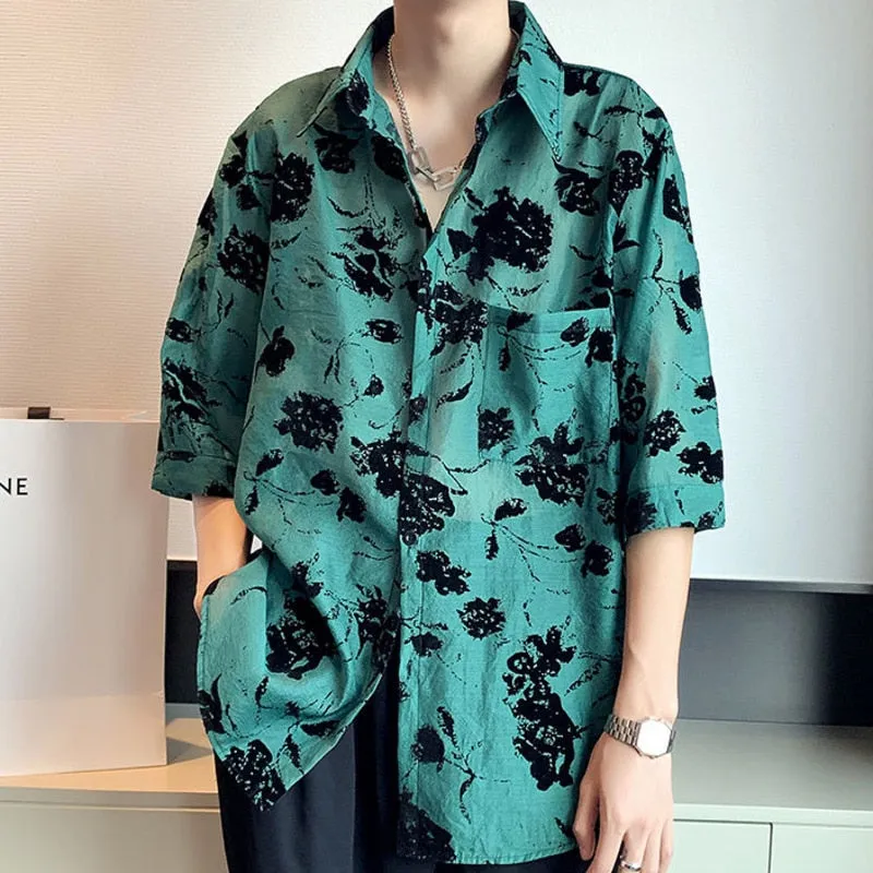 Men's England Style Long Sleeve Streetwear Floral Printed Casual Shirt