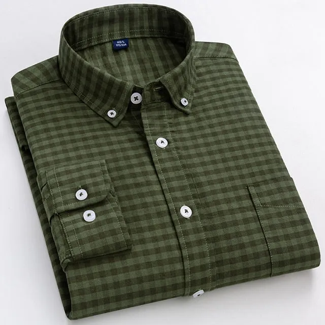 Men's Long Sleeve Contrast Plaid Checkered Standard-fit Casual Shirt