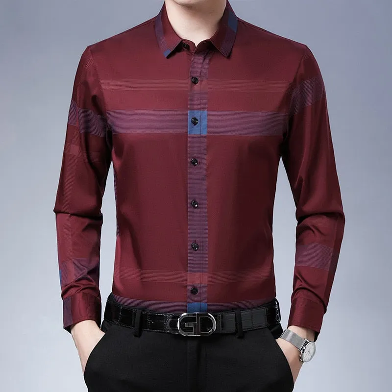 Men's Luxury Korean Fashion Striped Square Collar Long Sleeve Casual Shirt