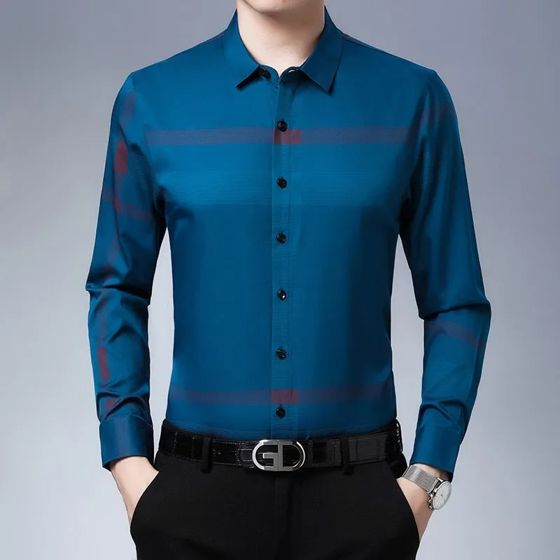 Men's Luxury Korean Fashion Striped Square Collar Long Sleeve Casual Shirt