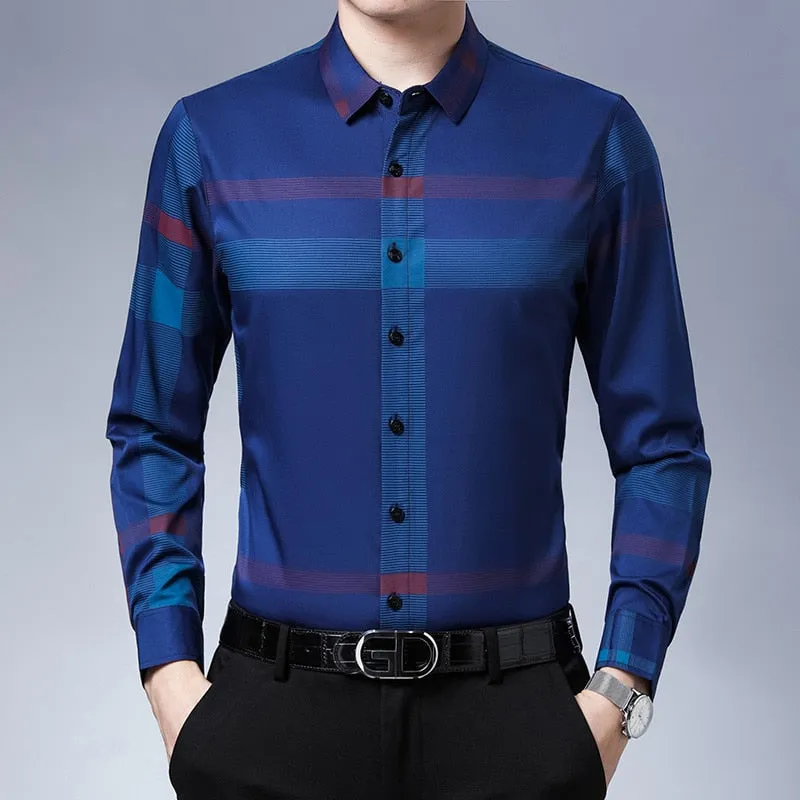 Men's Luxury Korean Fashion Striped Square Collar Long Sleeve Casual Shirt