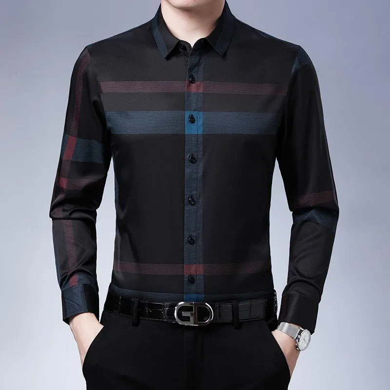 Men's Luxury Korean Fashion Striped Square Collar Long Sleeve Casual Shirt