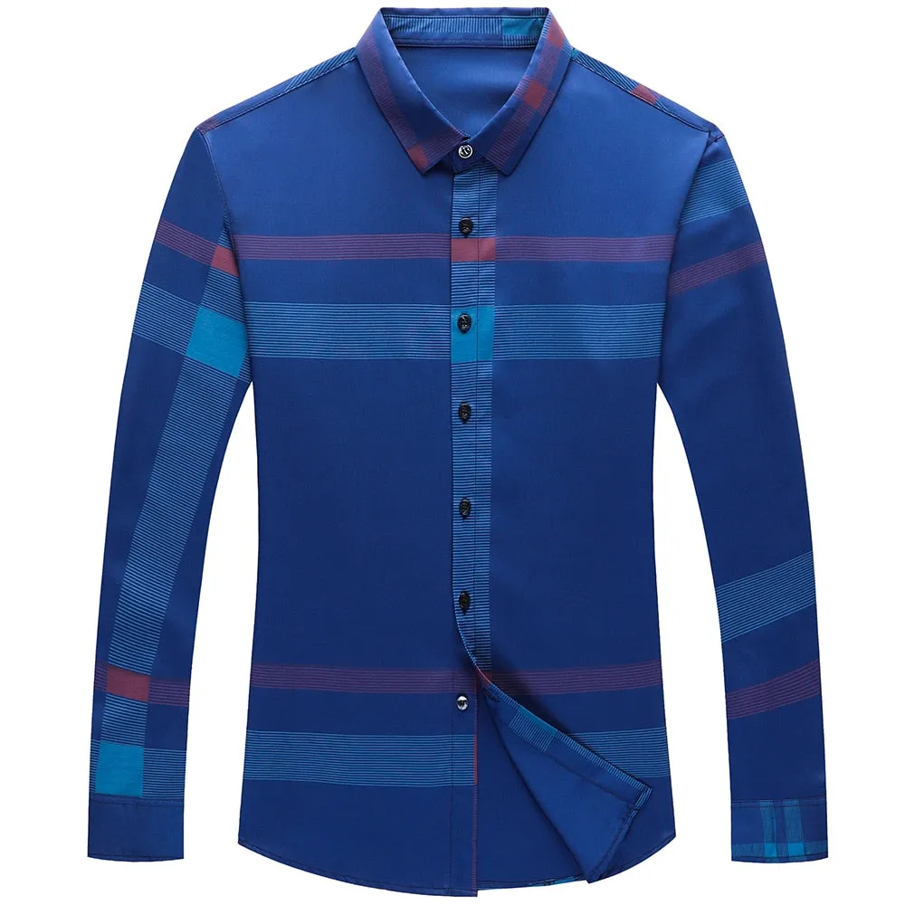 Men's Luxury Korean Fashion Striped Square Collar Long Sleeve Casual Shirt