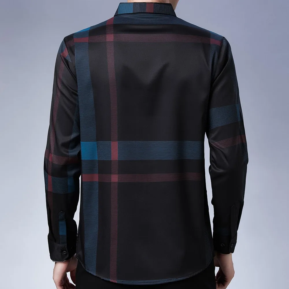 Men's Luxury Korean Fashion Striped Square Collar Long Sleeve Casual Shirt