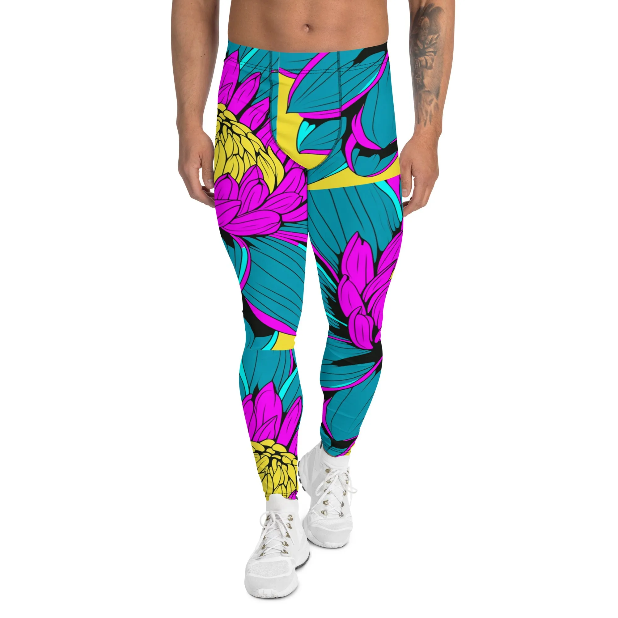 Men's Pop Art Athletic Leggings - Roy Lichtenstein Inspired Dahlia Print 001