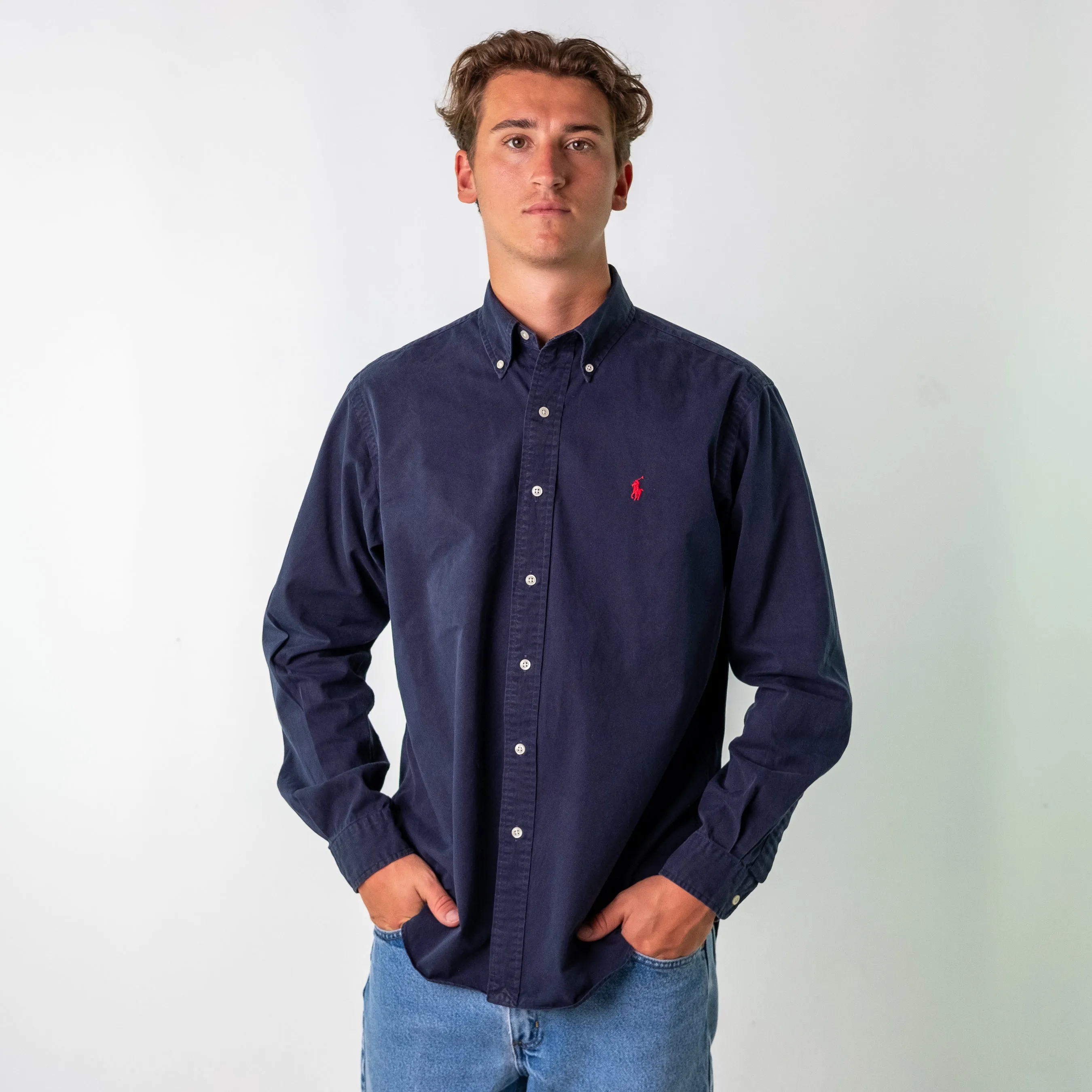 Navy Blue 90s Polo Ralph Lauren Classic Fit Longsleeve Casual Shirt (L)