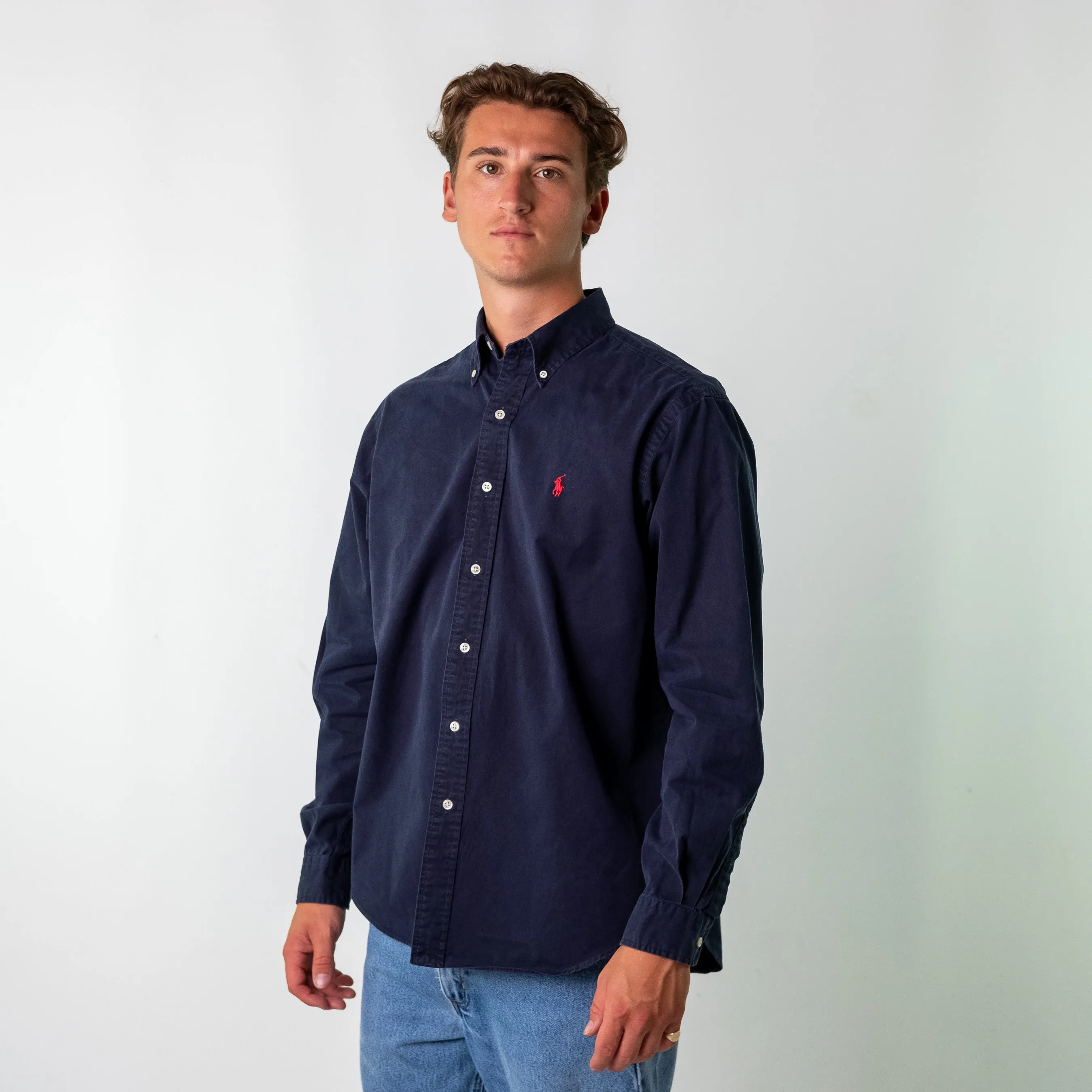 Navy Blue 90s Polo Ralph Lauren Classic Fit Longsleeve Casual Shirt (L)