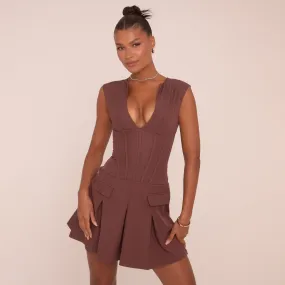 Plunge Neck Tailored Pleated Mini Dress In Brown