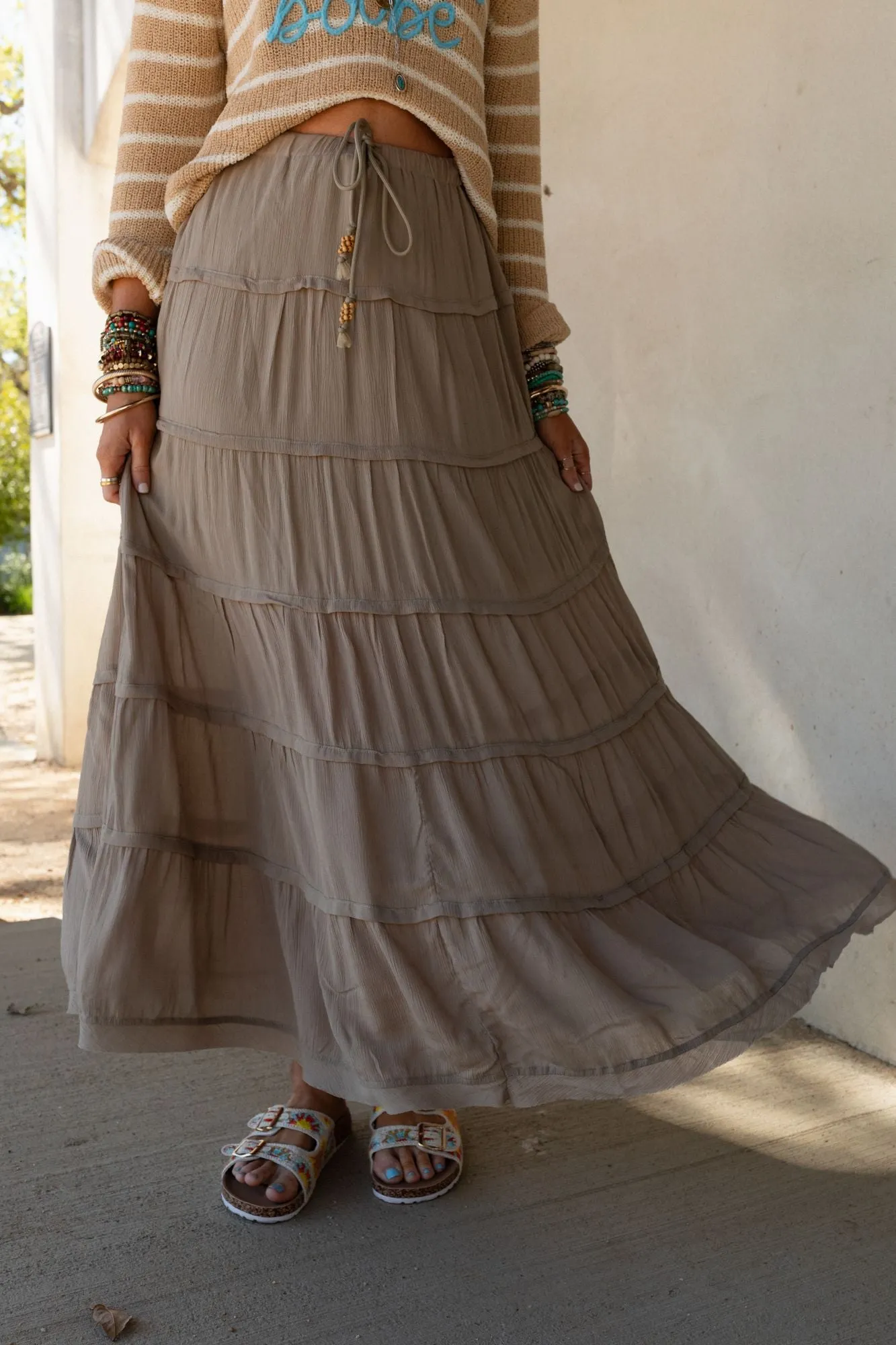 Sardinia Silky Tiered Maxi Skirt - Olive