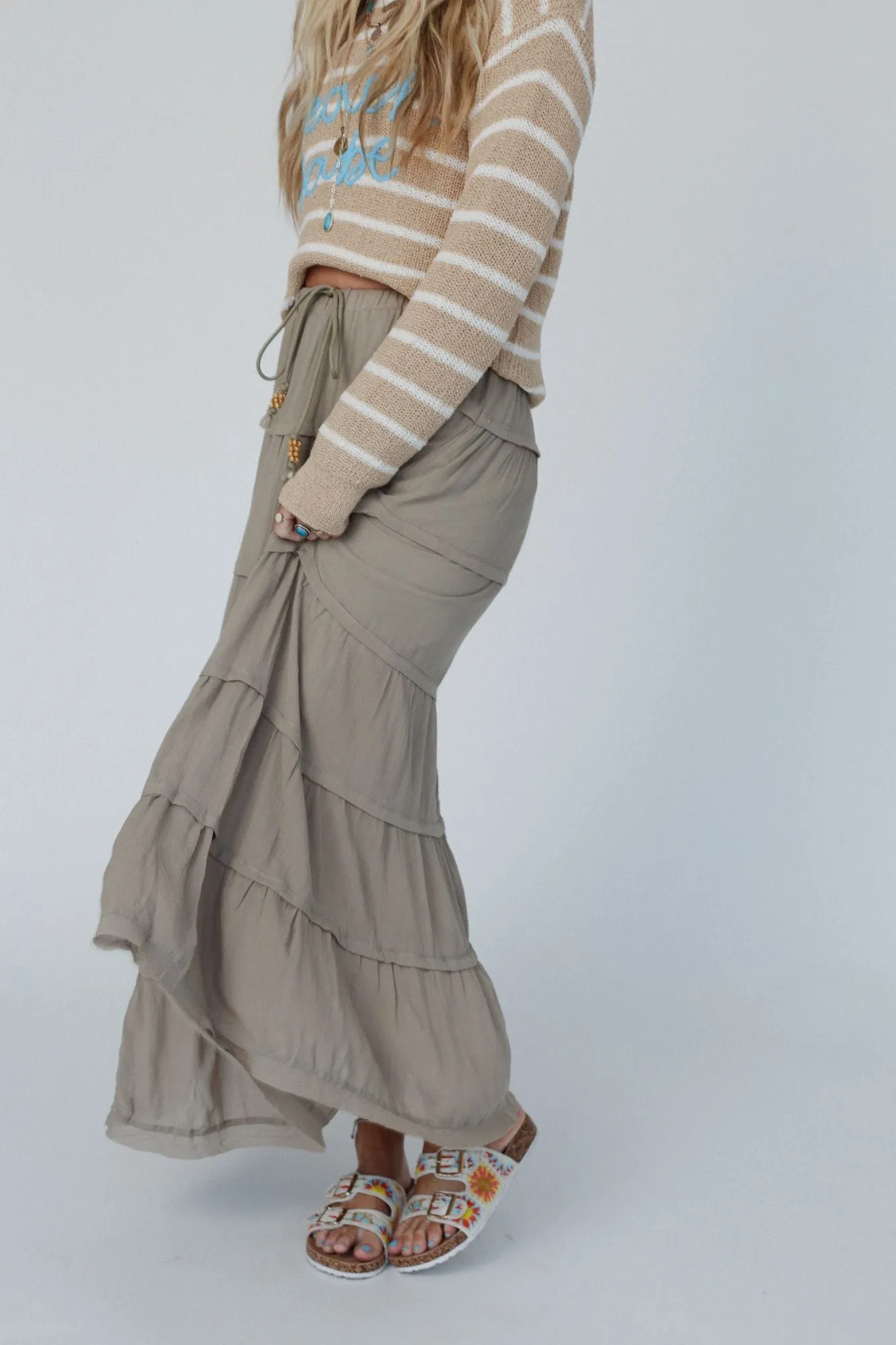 Sardinia Silky Tiered Maxi Skirt - Olive