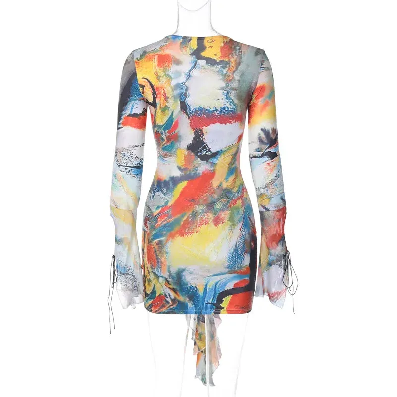 Sexy Deep V-Neck Ruffle Draped Long Sleeve Printed Mini Dress for Women