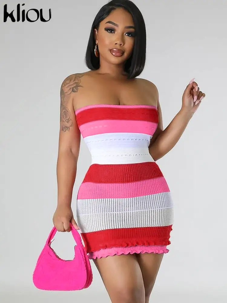 Striped Patchwork Knitted Hollow Out Mini Dress Women Trend Casual Wrapped Chest Stacked Bodycon Female Streetwear Outfit