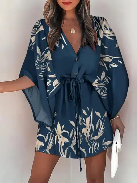 Summer Casual Loose Print Mini Dress Women 2023 Fashion V-neck Batwing Sleeve Lace-up Dresses Women Elegant Party Beach Dress