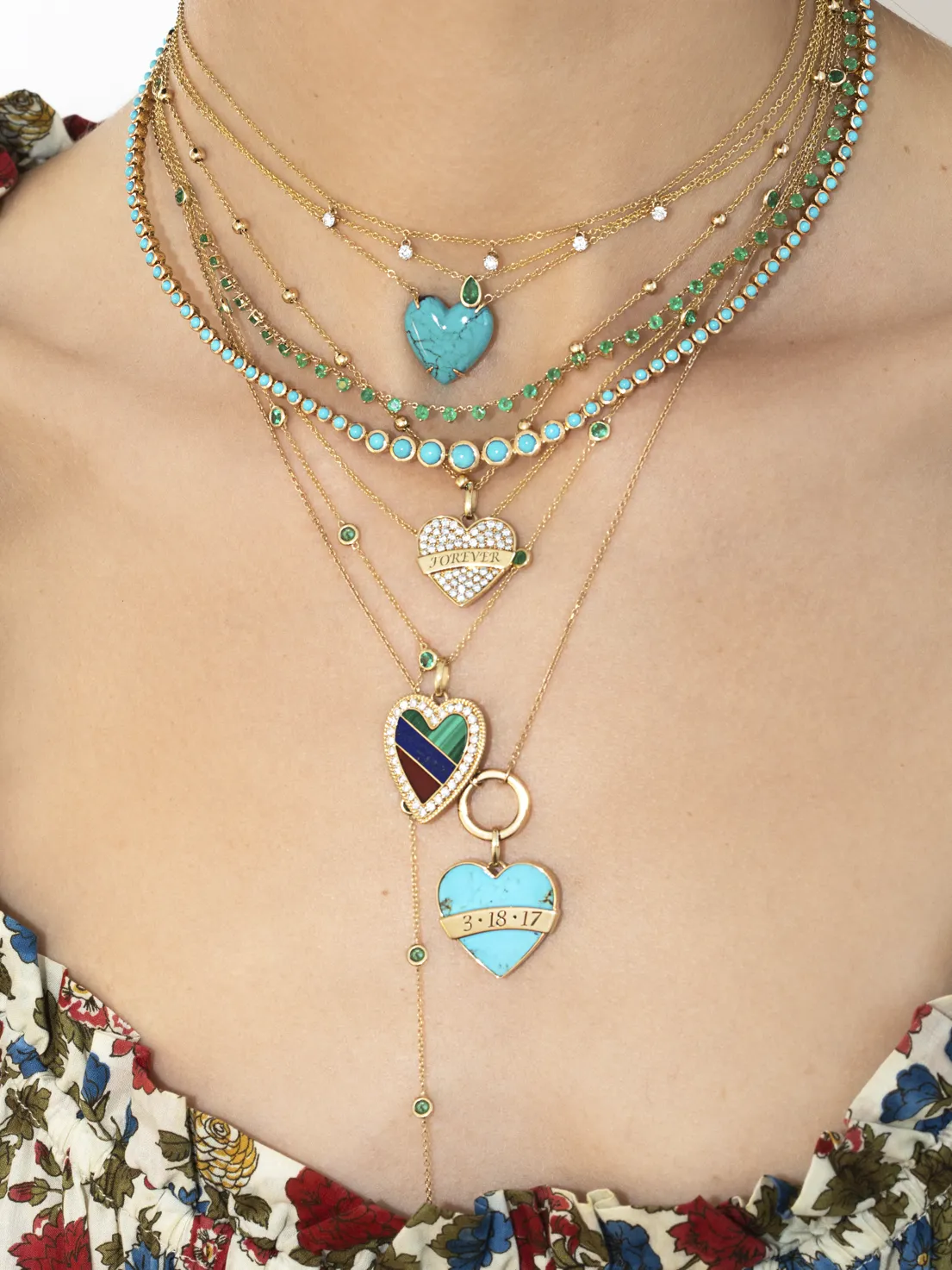 Tattoo Heart Pendant - Turquoise / 14k Yellow Gold