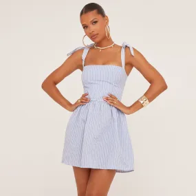 Tie Shoulder Strap Square Neck Skater Mini Dress In Blue Pinstripe Woven