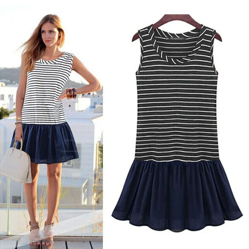 Women Sexy Loose Sleeveless O-Neck Elegant Striped Casual Dresses Vestidos Plus Size S-XXXL