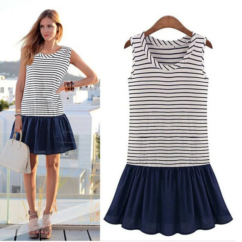 Women Sexy Loose Sleeveless O-Neck Elegant Striped Casual Dresses Vestidos Plus Size S-XXXL