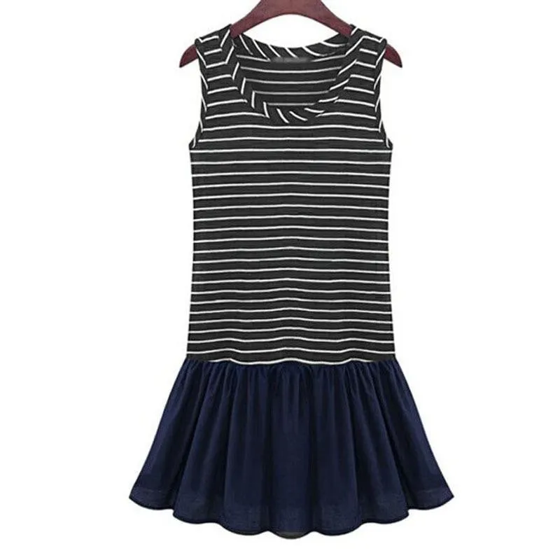 Women Sexy Loose Sleeveless O-Neck Elegant Striped Casual Dresses Vestidos Plus Size S-XXXL