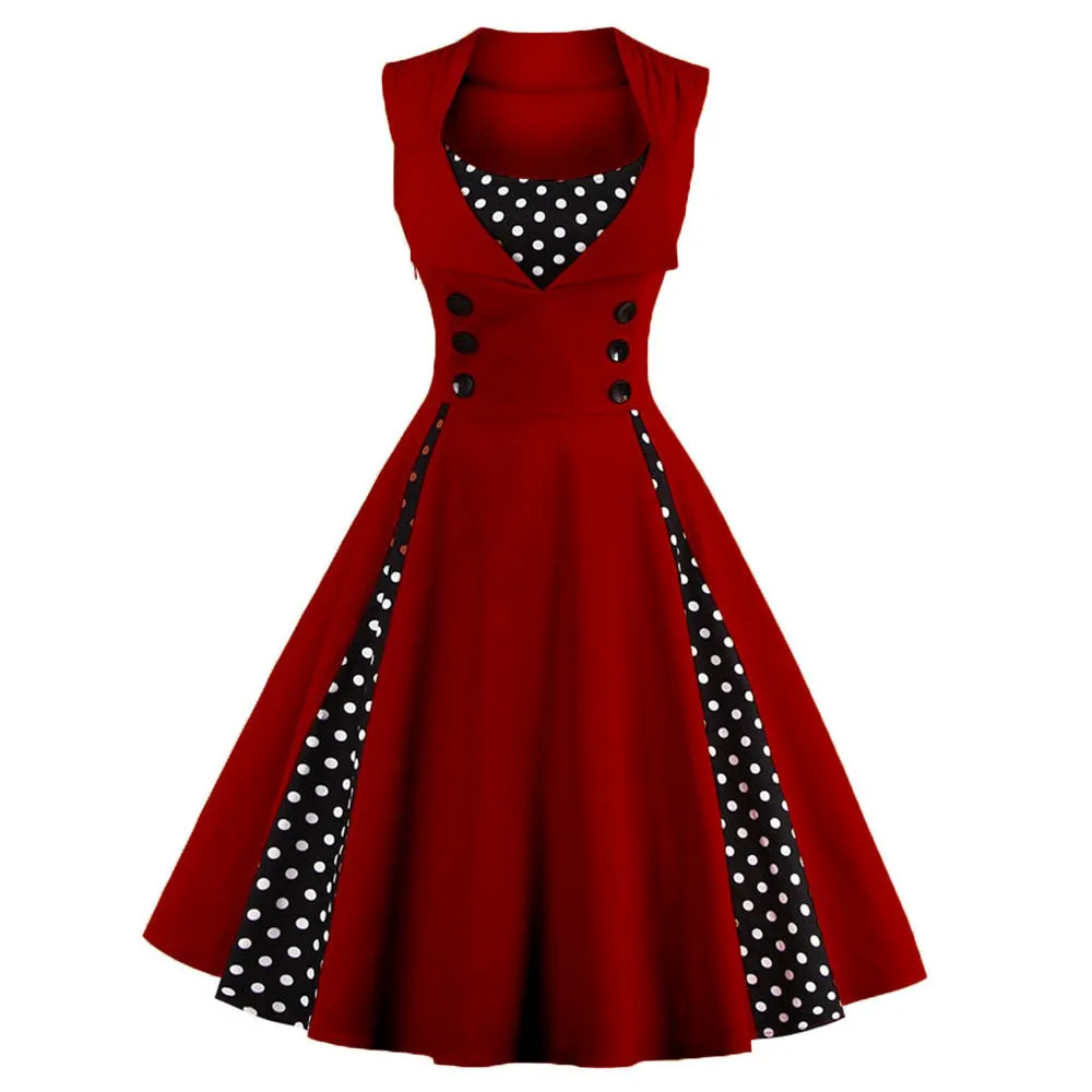 Women Vintage Cotton Patchwork High Waist Robe Pin Up Swing Retro Party Casual Dresses