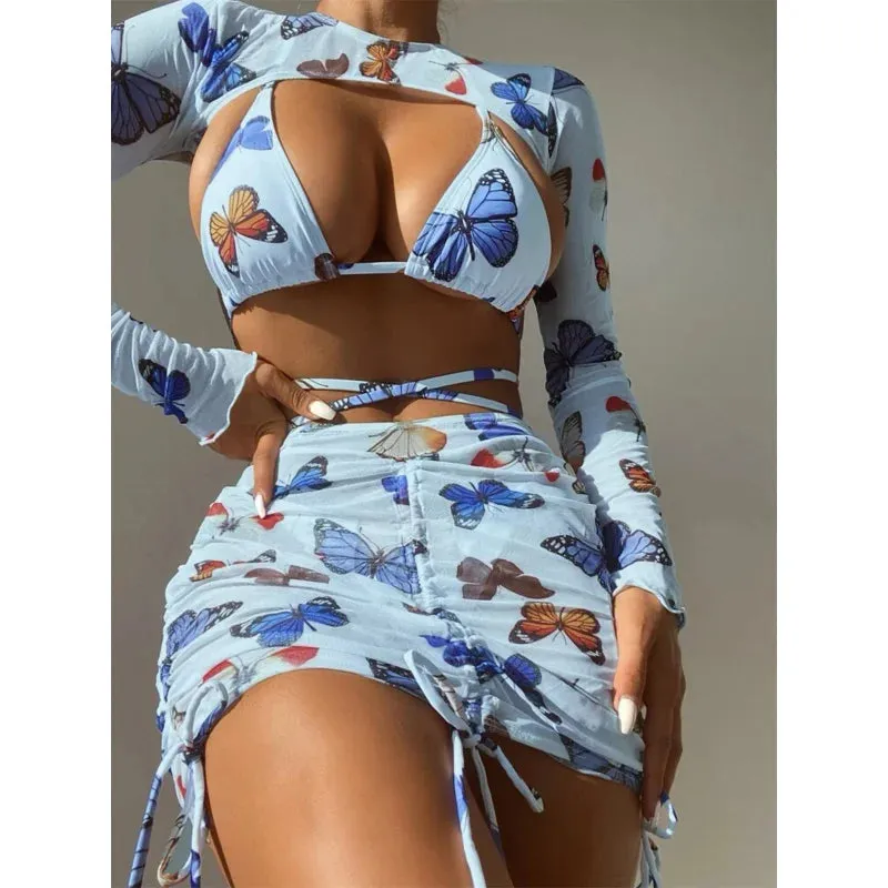 Women's Butterfly Printed Long Sleeve Cover-Up Pleated 4 Piece Bikinis Set