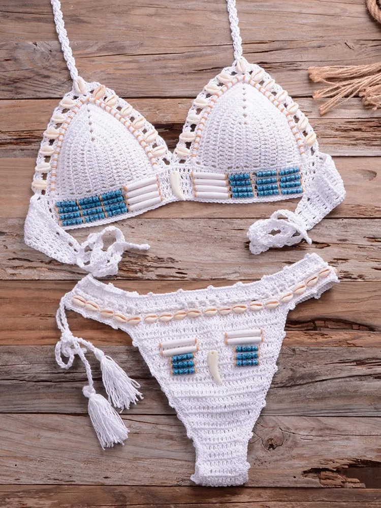 Women's Sexy Knitted Blue Shell Beaded Push-Up Crochet Bikinis Set