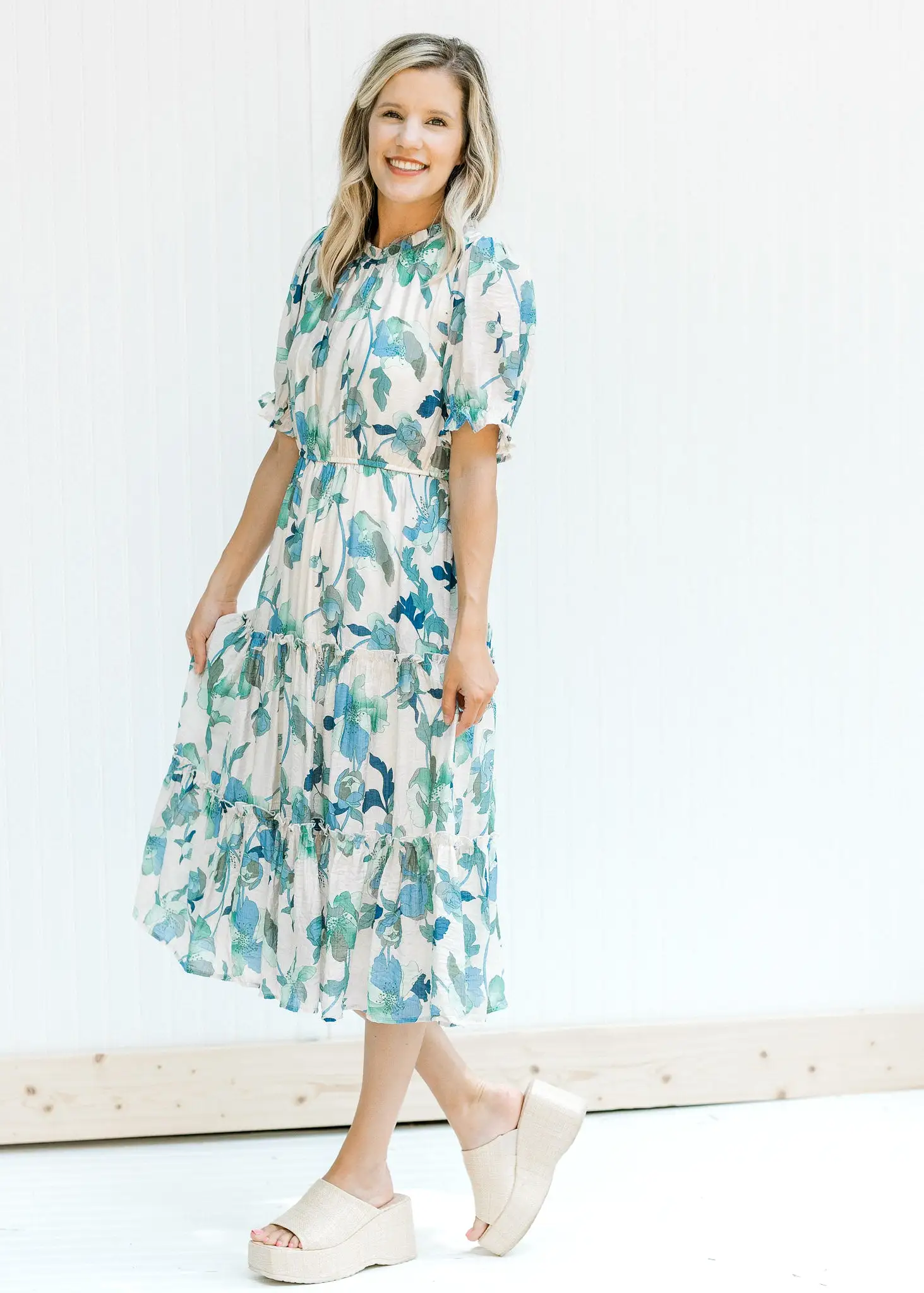 X Blue, Green Cream Floral Midi