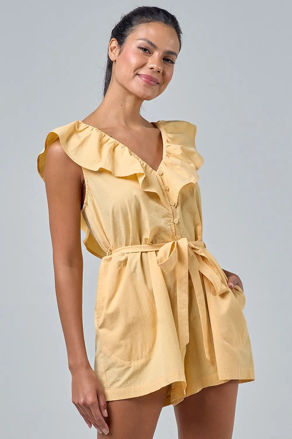 Yellow Ruffle Tie Waist Romper